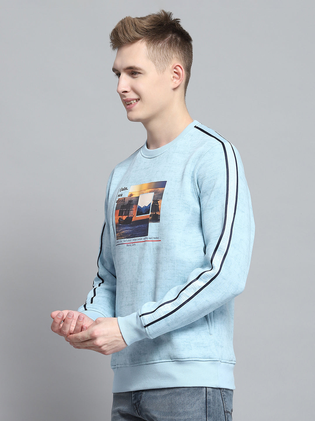 Men Blue Printed Round Neck Full Sleeve Sweatshirt
