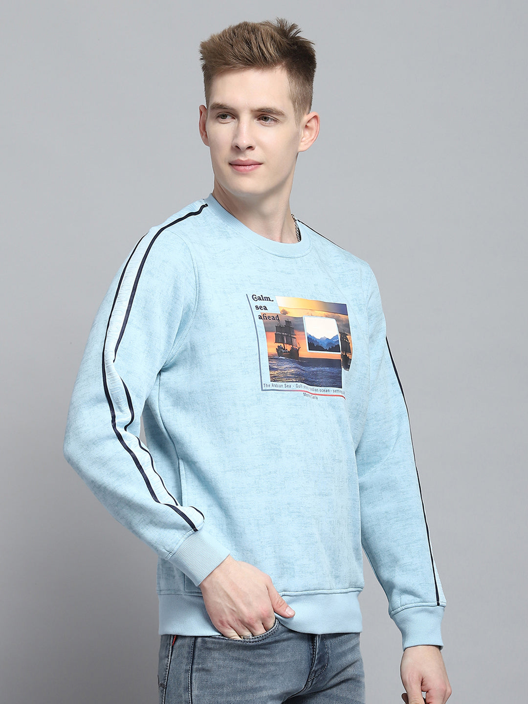 Men Blue Printed Round Neck Full Sleeve Sweatshirt