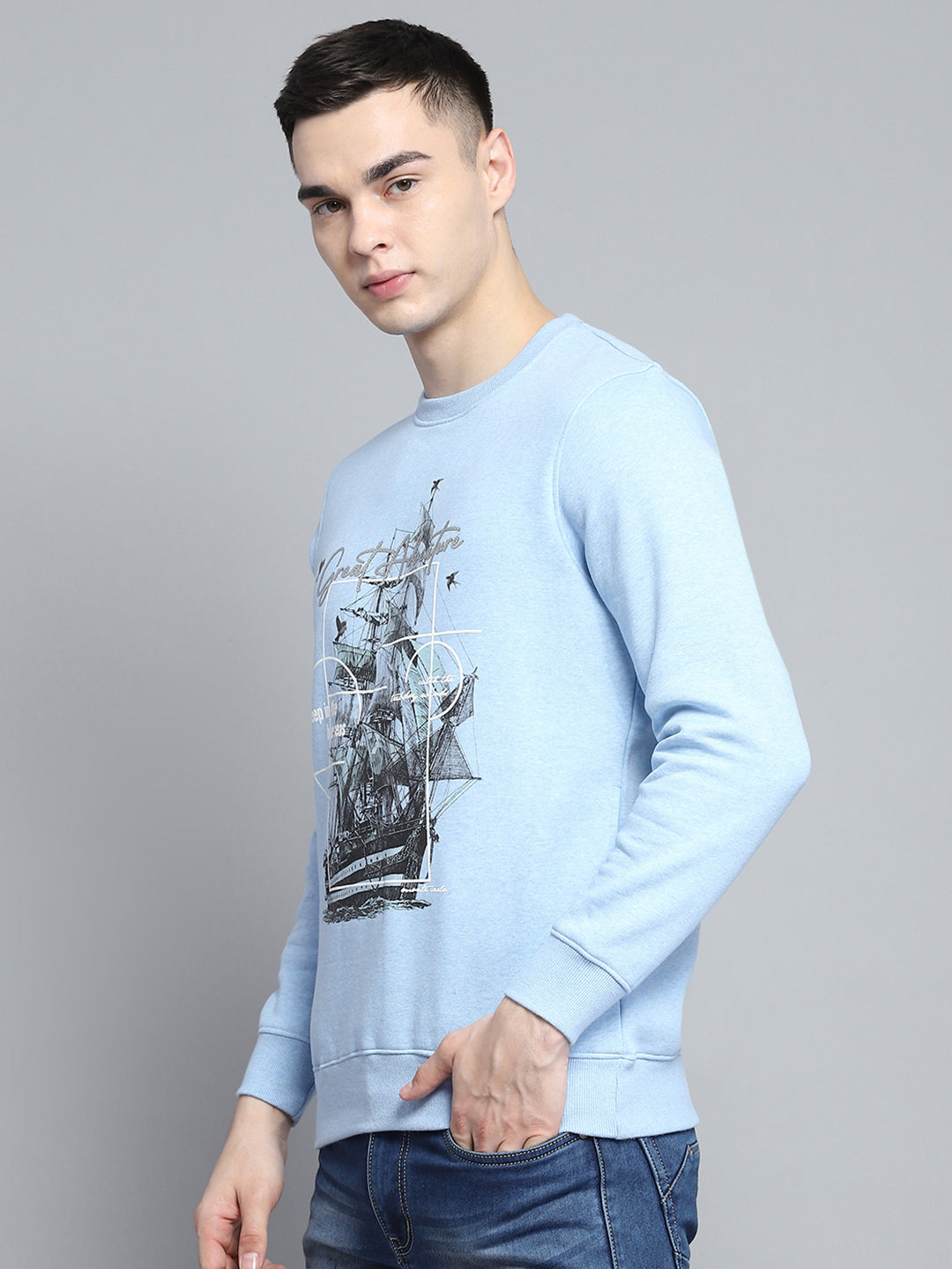 Men Sky Blue Printed Round Neck Full Sleeve Sweatshirt