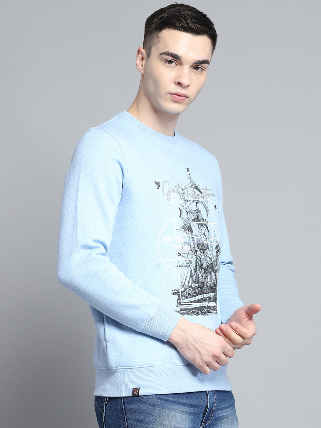 Men Sky Blue Printed Round Neck Full Sleeve Sweatshirt