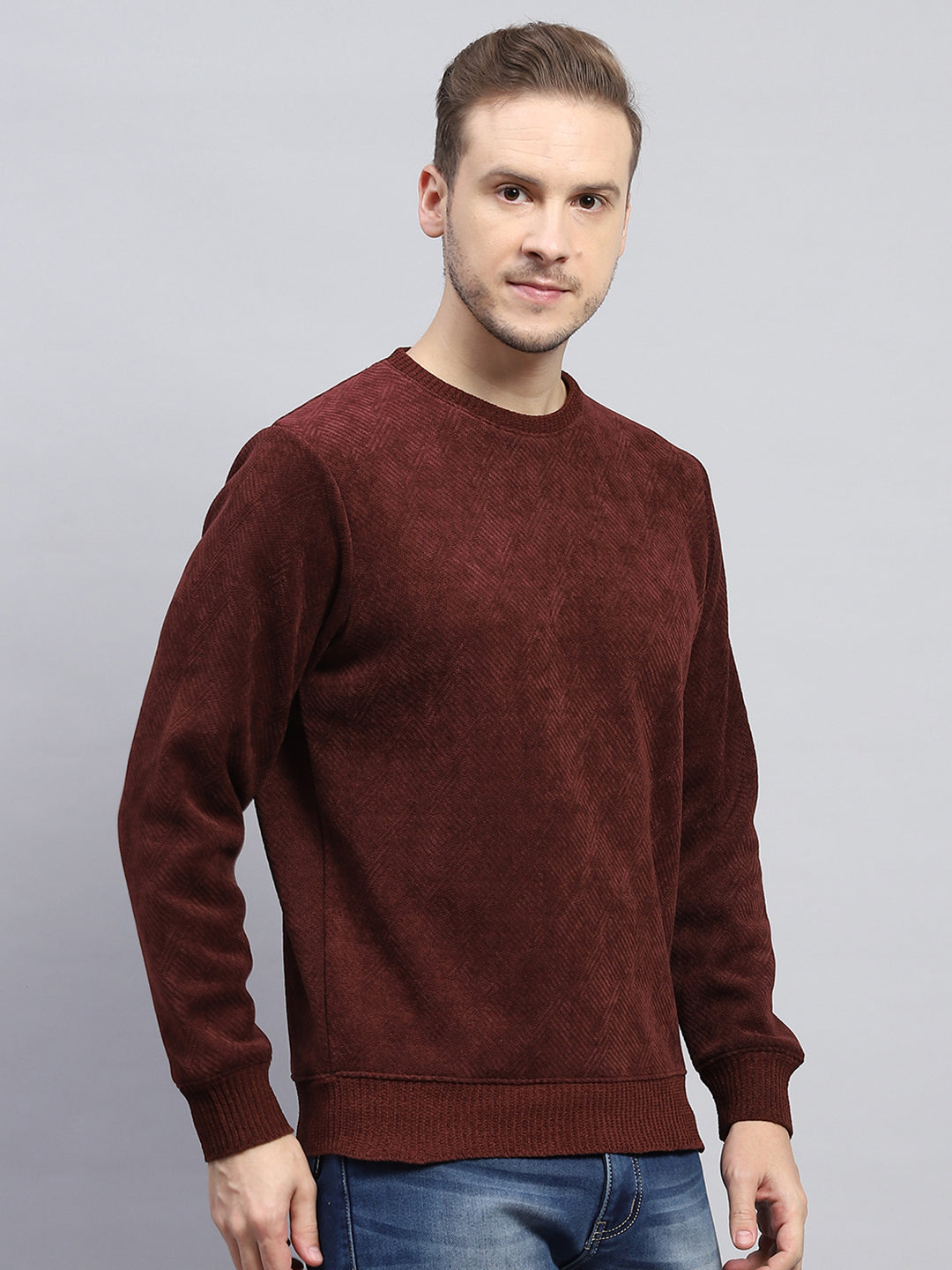 Men Rust Solid Round Neck Full Sleeve Sweatshirt