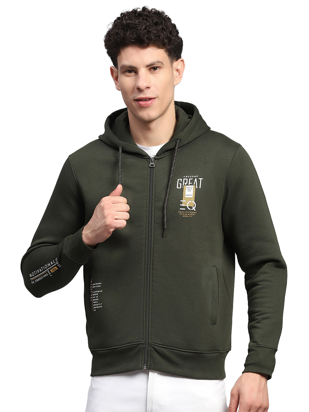 Men Olive Printed Hooded Full Sleeve Sweatshirt