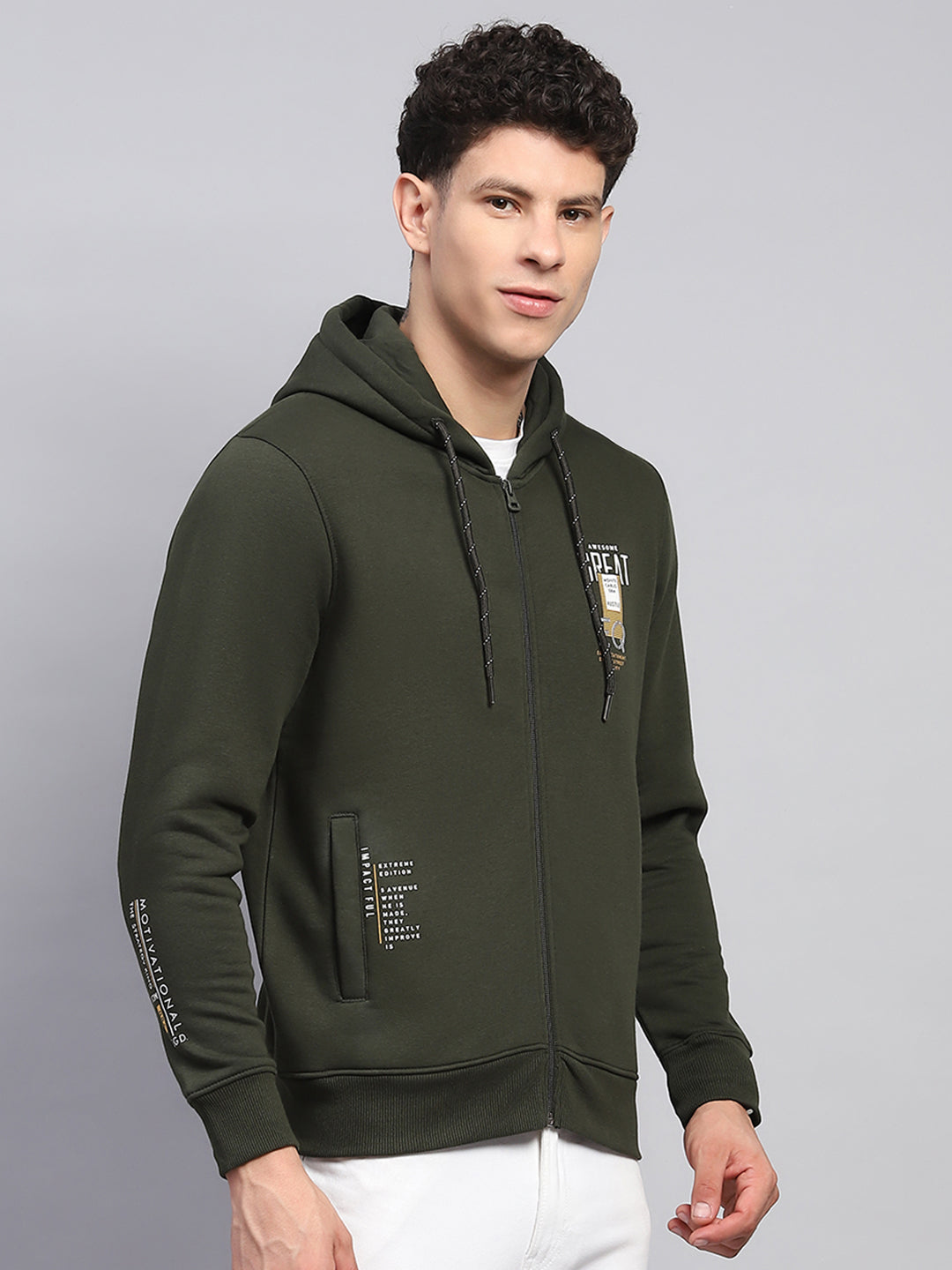 Men Olive Printed Hooded Full Sleeve Sweatshirt