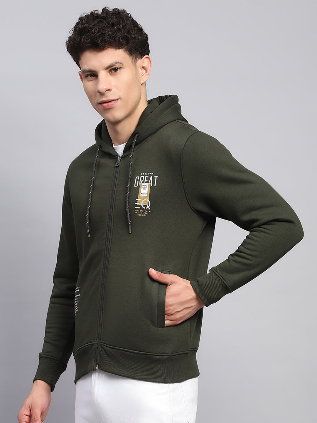 Men Olive Printed Hooded Full Sleeve Sweatshirt