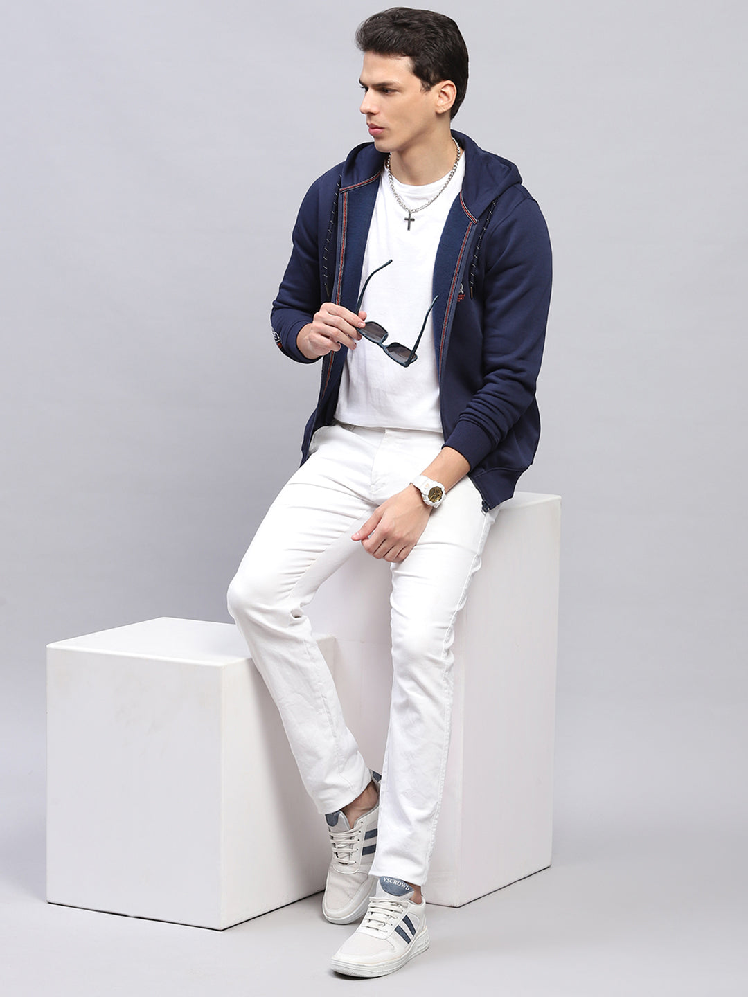 Men Navy Blue Printed Hooded Full Sleeve Sweatshirt