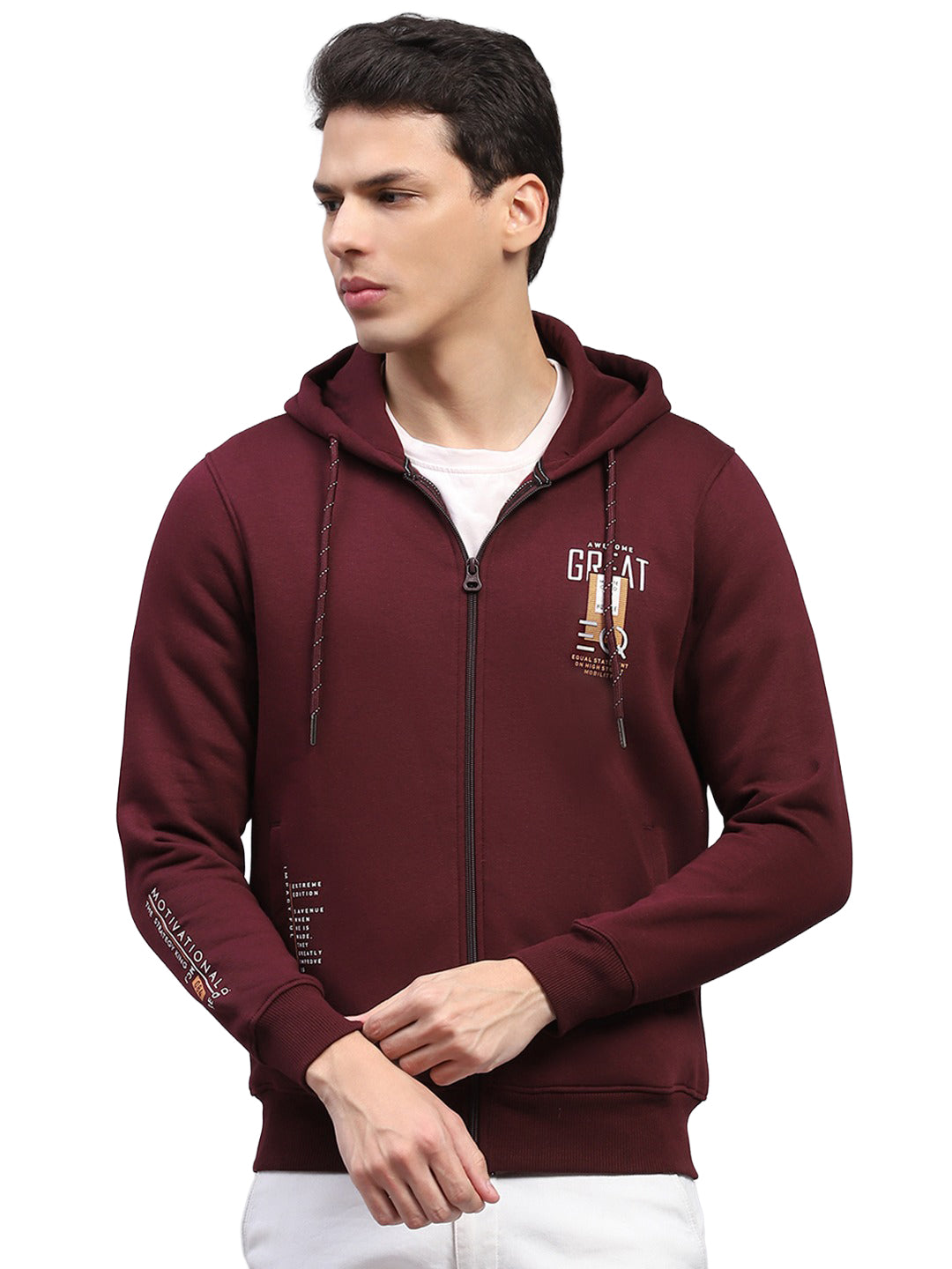Men Maroon Printed Hooded Full Sleeve Sweatshirt