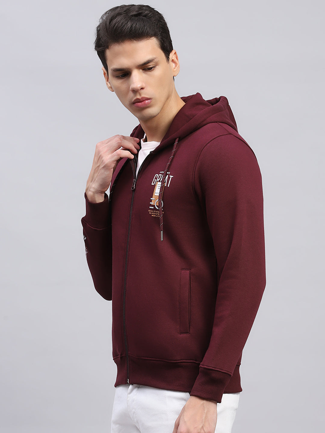 Men Maroon Printed Hooded Full Sleeve Sweatshirt
