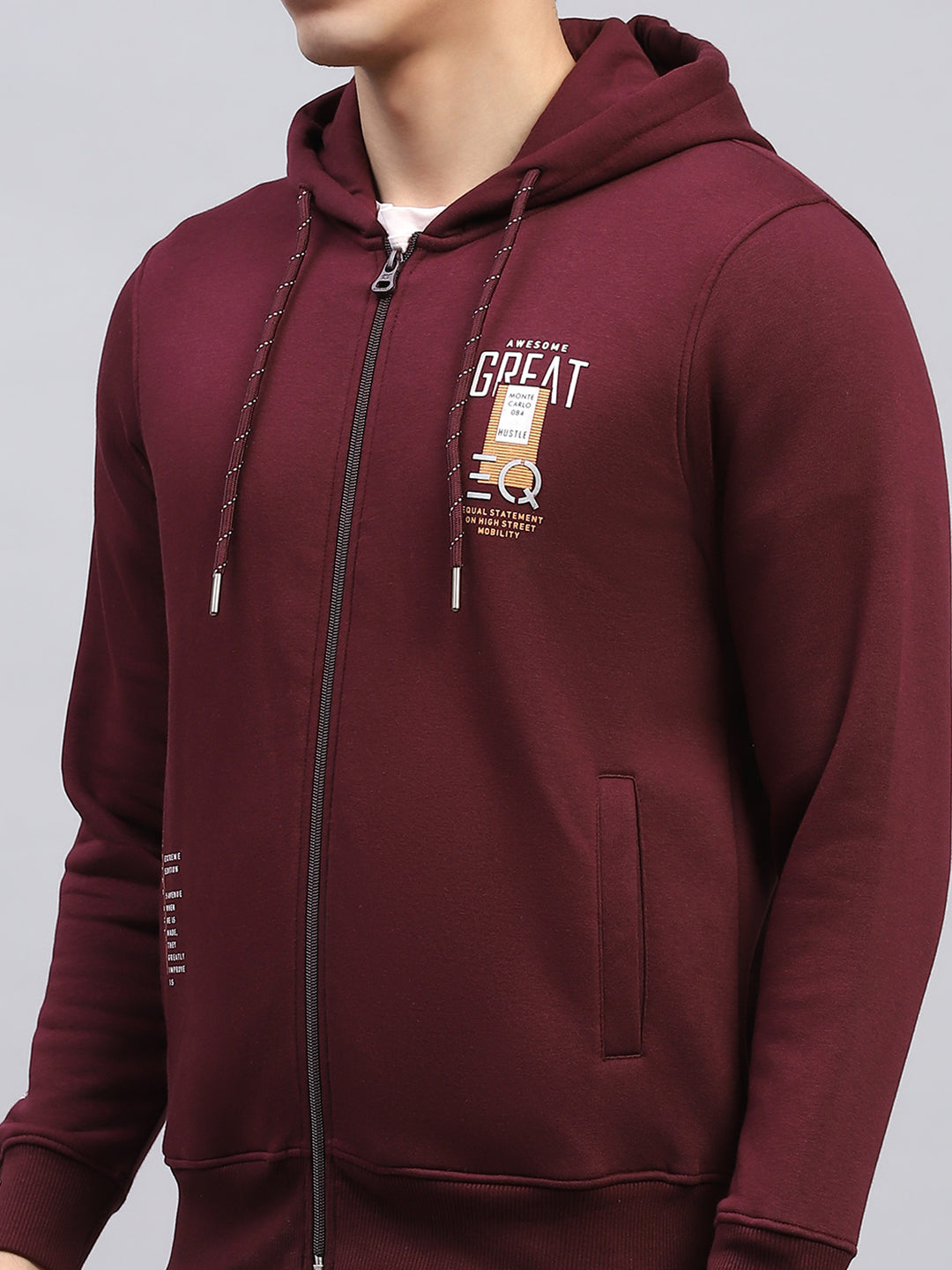 Men Maroon Printed Hooded Full Sleeve Sweatshirt