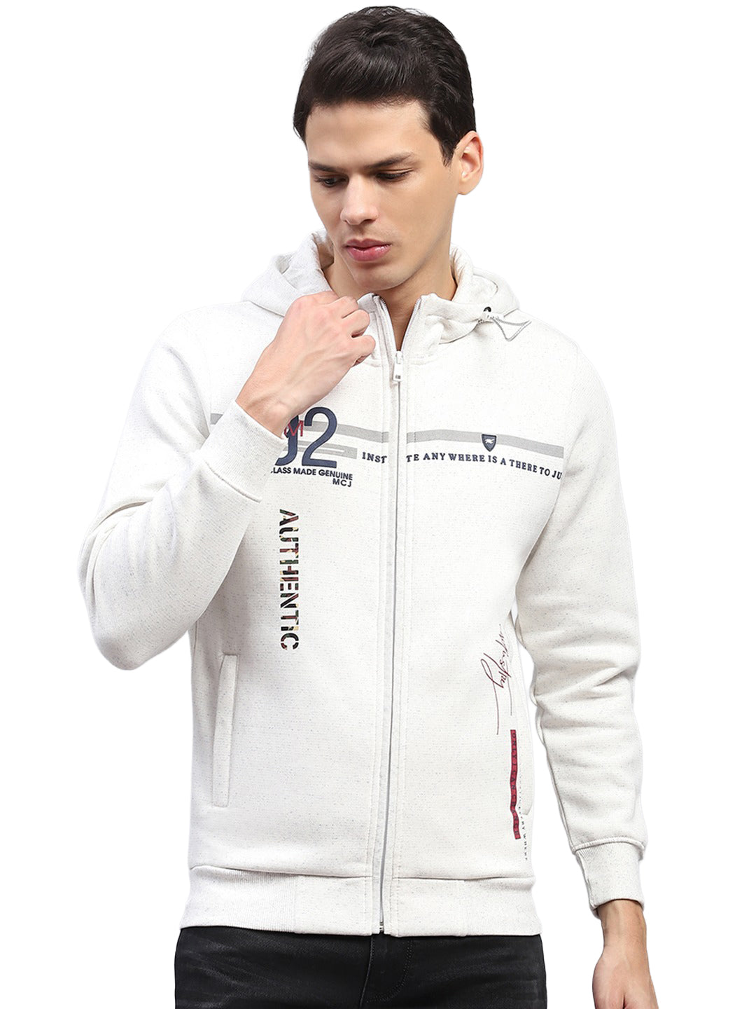 Men White Printed Hooded Full Sleeve Sweatshirt