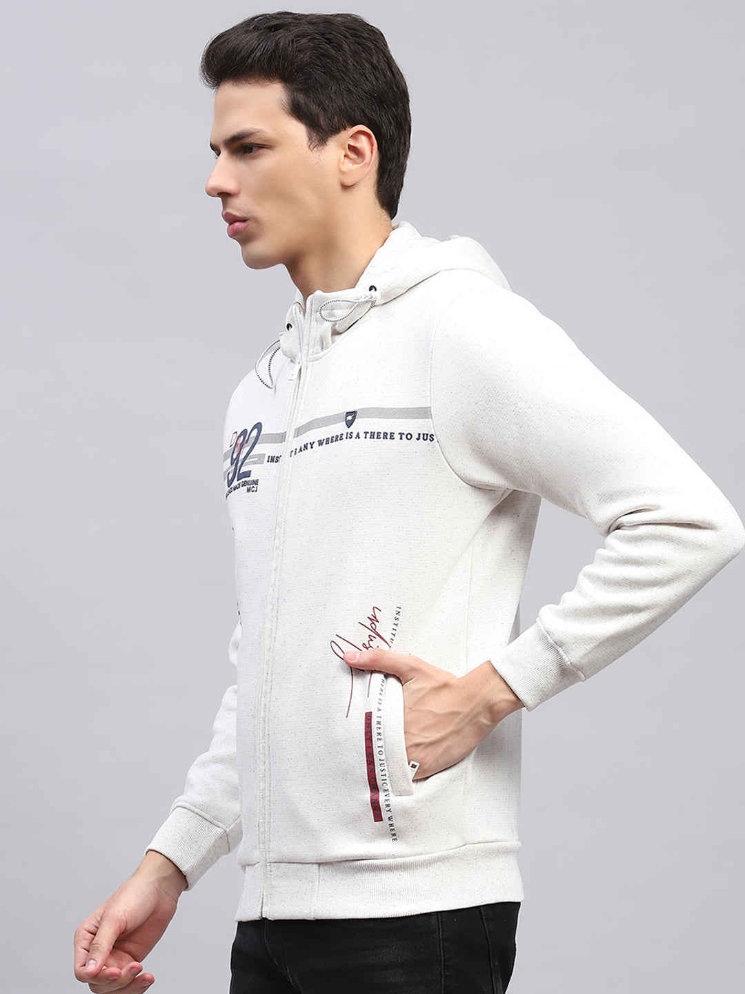 Men White Printed Hooded Full Sleeve Sweatshirt