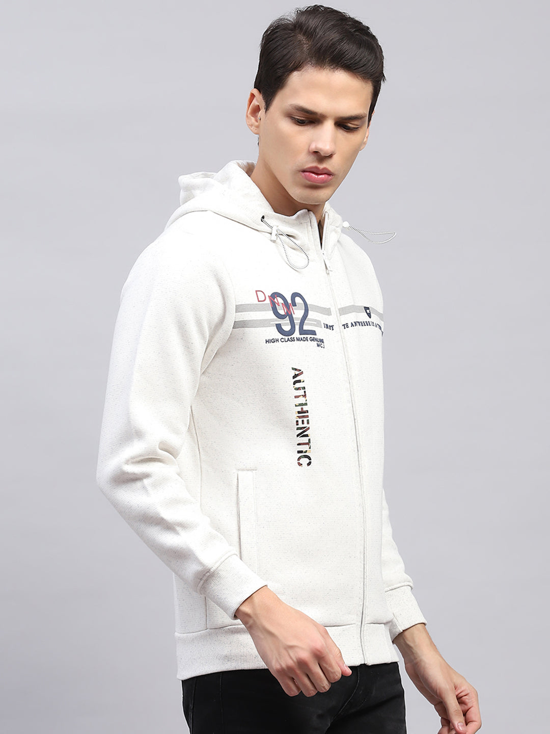 Men White Printed Hooded Full Sleeve Sweatshirt
