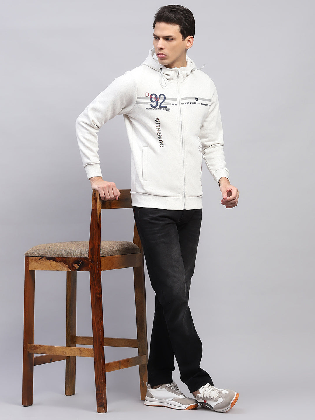 Men White Printed Hooded Full Sleeve Sweatshirt