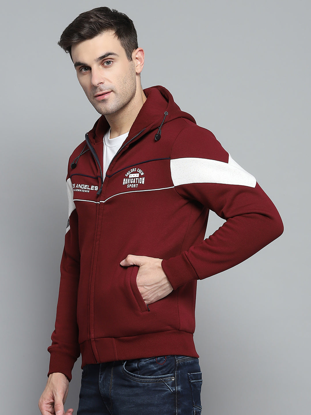 Men Maroon Printed Hooded Full Sleeve Sweatshirt