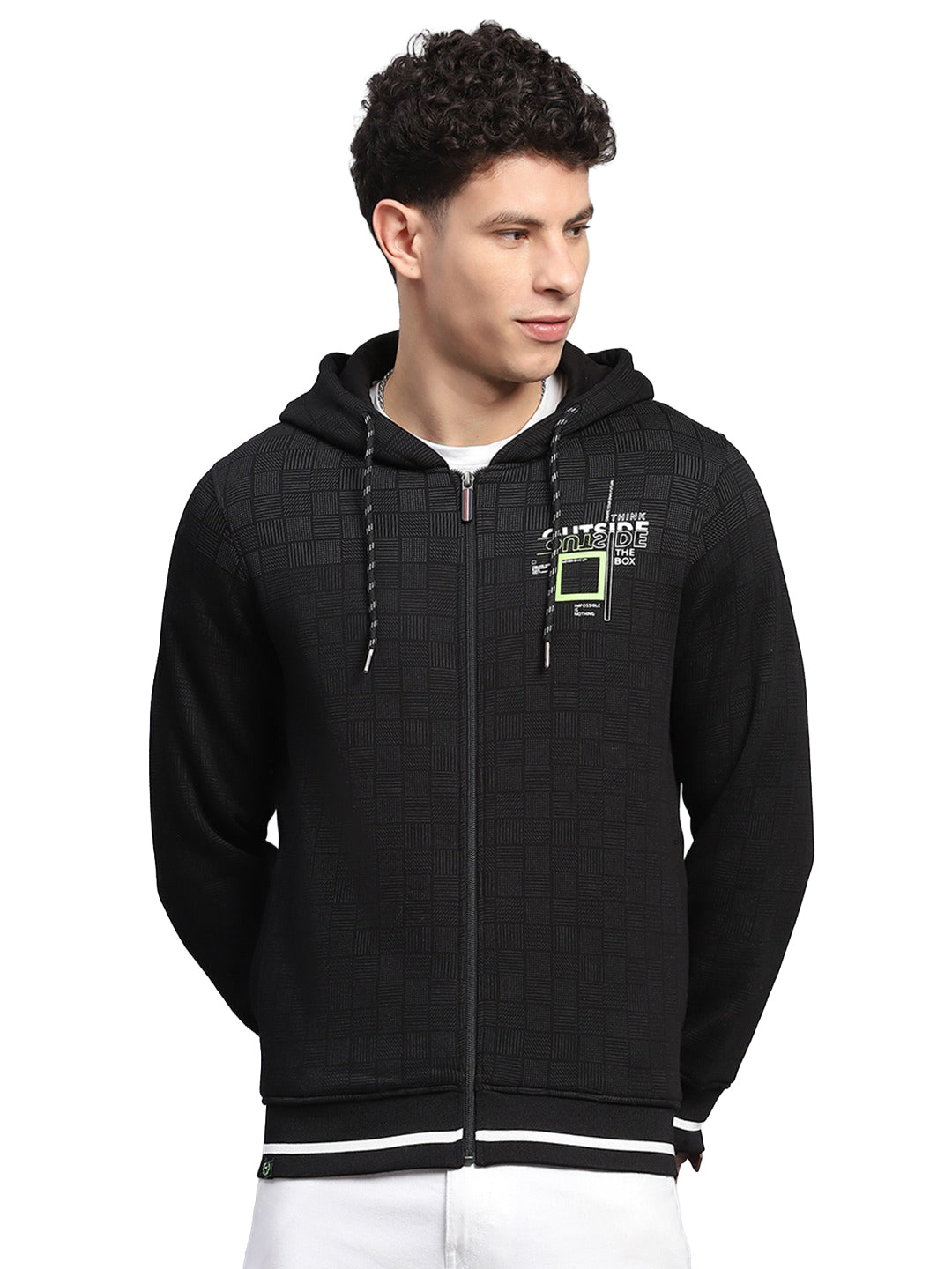 Men Black Printed Hooded Full Sleeve Sweatshirt
