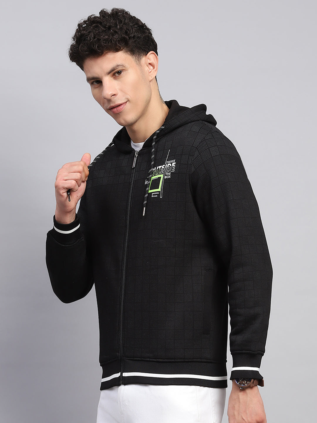 Men Black Printed Hooded Full Sleeve Sweatshirt