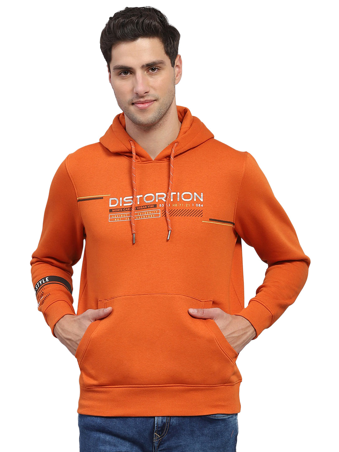 Men Orange Printed Hooded Full Sleeve Sweatshirt