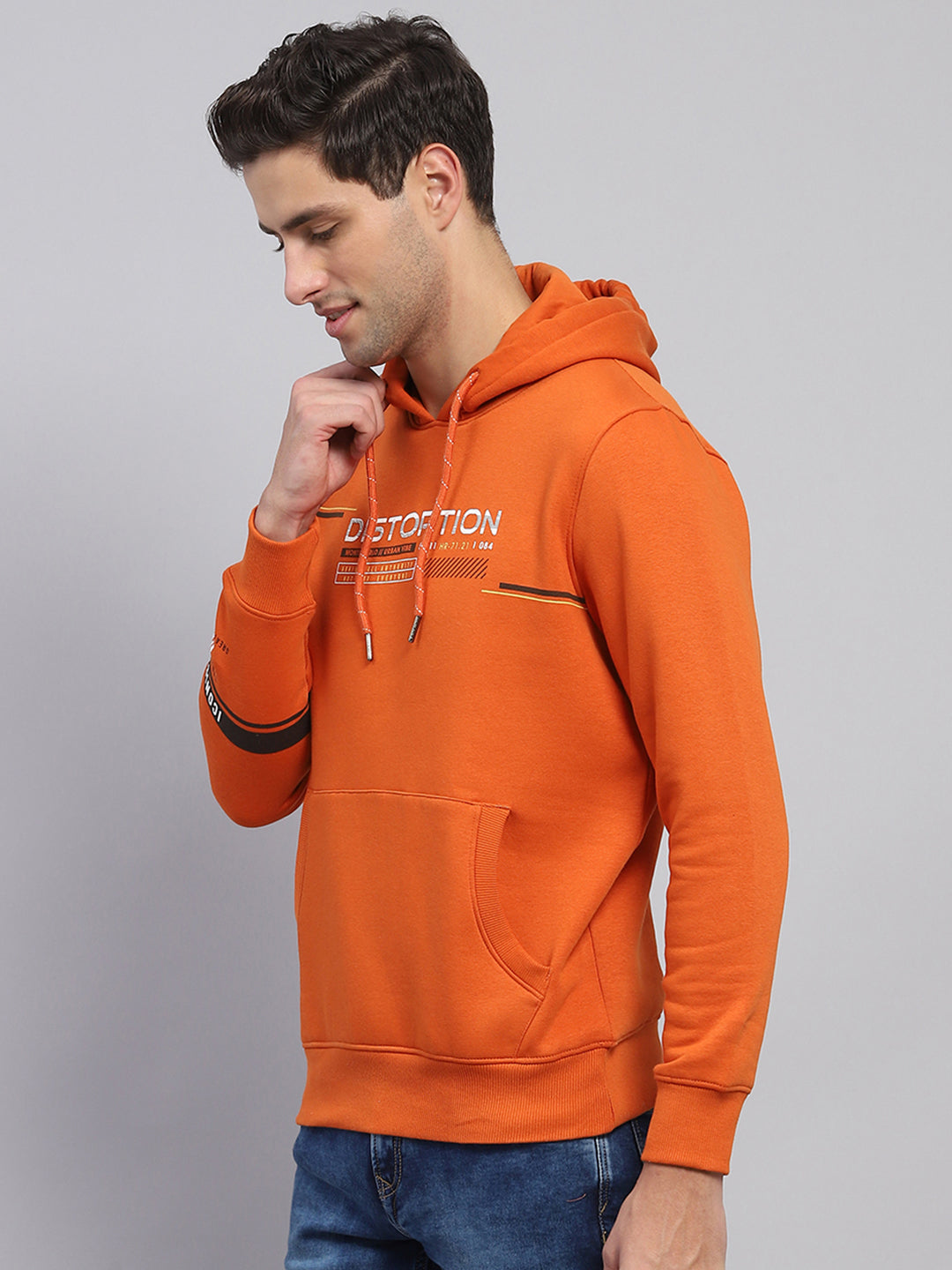 Men Orange Printed Hooded Full Sleeve Sweatshirt