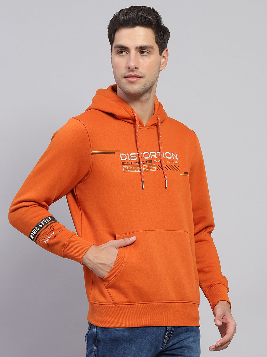 Men Orange Printed Hooded Full Sleeve Sweatshirt