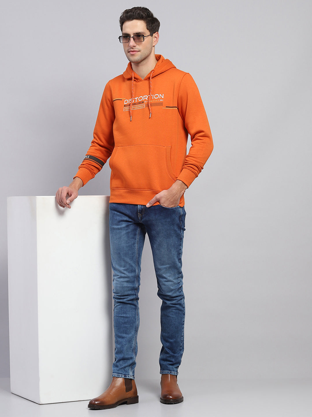 Men Orange Printed Hooded Full Sleeve Sweatshirt