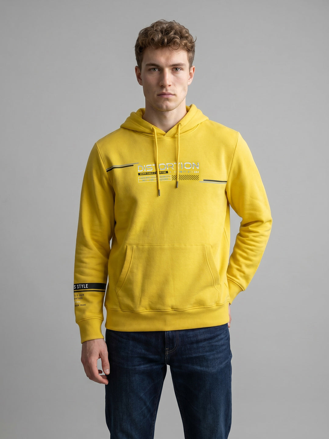 Men Yellow Printed Hooded Full Sleeve Sweatshirt