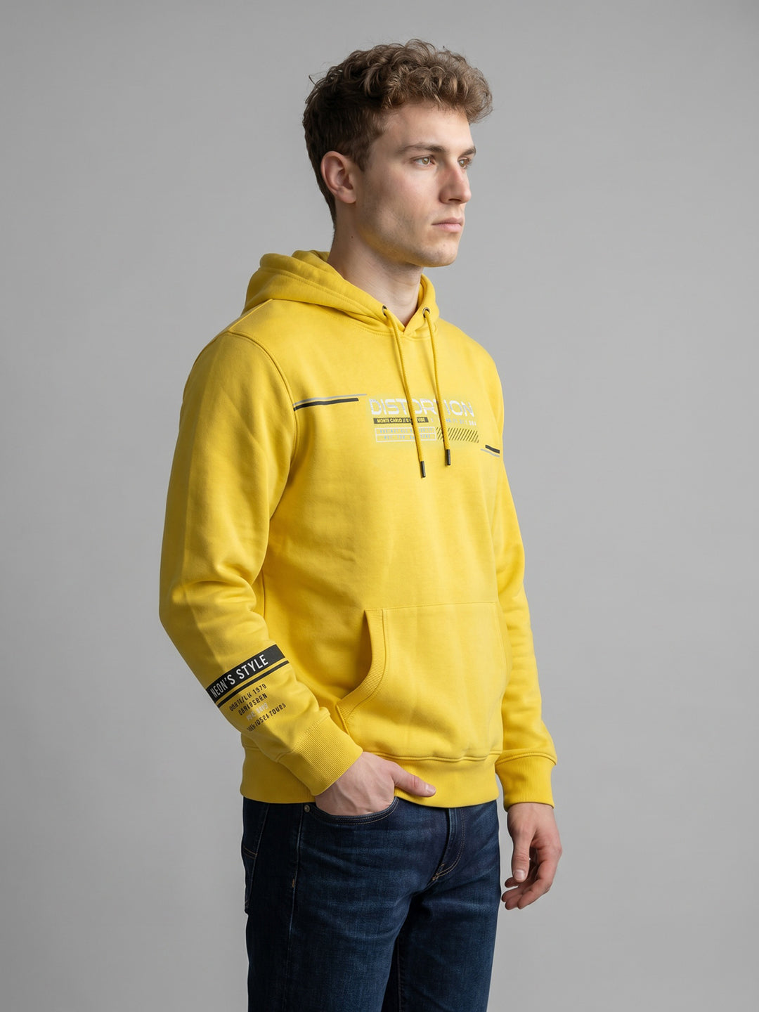Men Yellow Printed Hooded Full Sleeve Sweatshirt