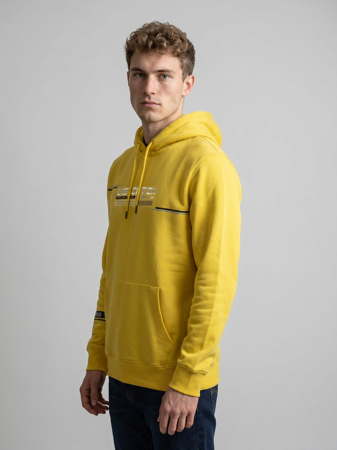 Men Yellow Printed Hooded Full Sleeve Sweatshirt