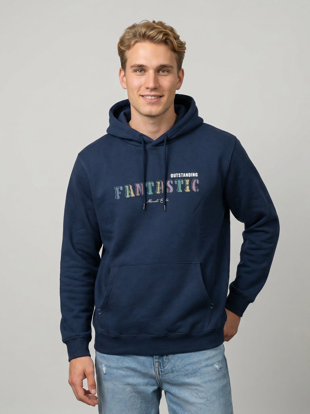 Men Blue Back Printed Hooded Full Sleeve Sweatshirt