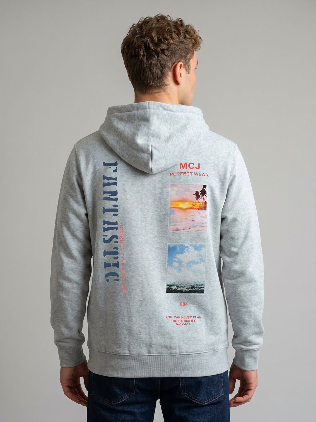 Men Grey Back Printed Hooded Full Sleeve Sweatshirt