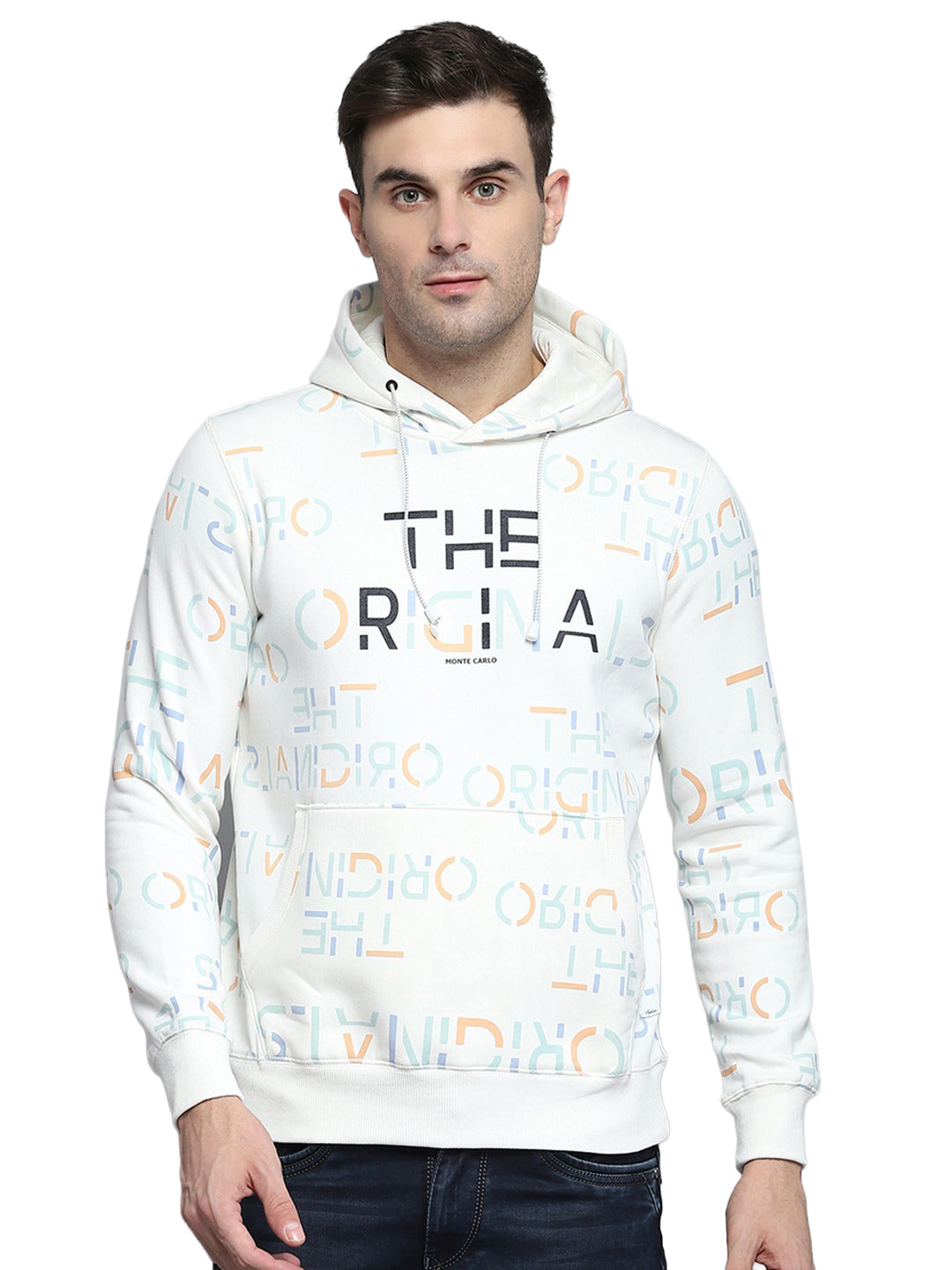 Men Off White Printed Hooded Full Sleeve Sweatshirt