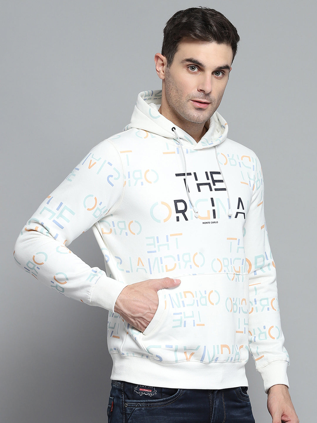 Men Off White Printed Hooded Full Sleeve Sweatshirt