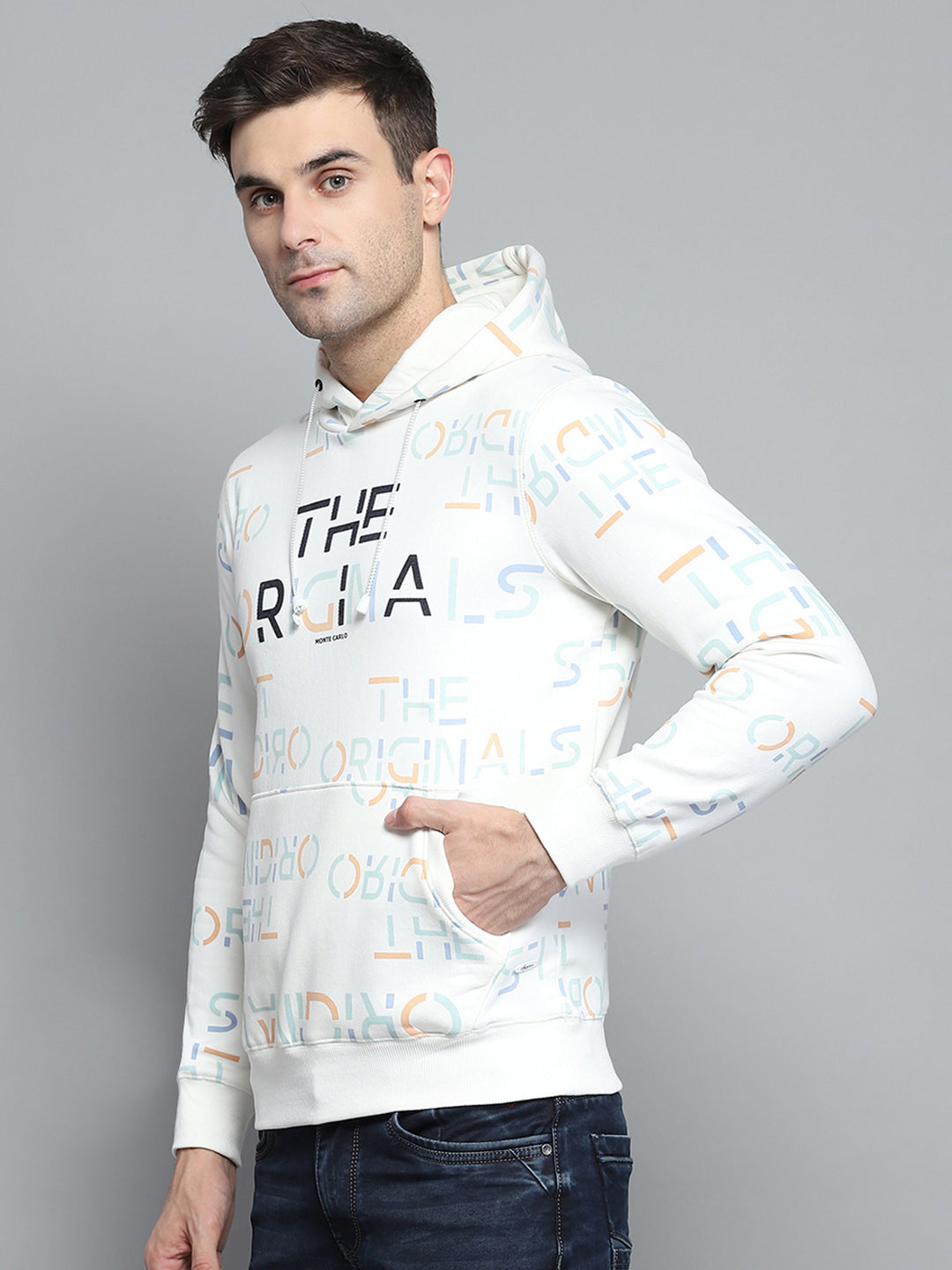 Men Off White Printed Hooded Full Sleeve Sweatshirt