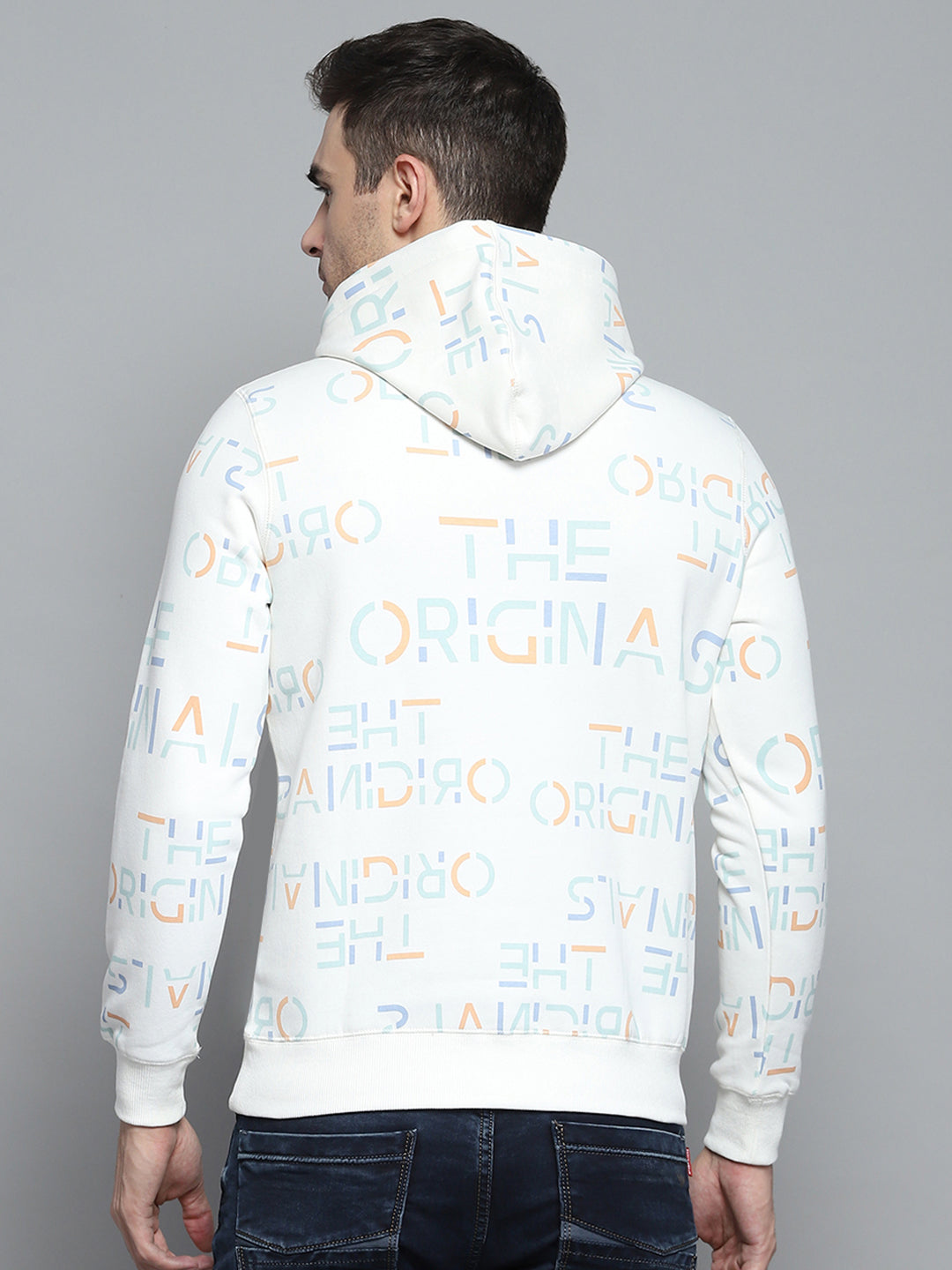 Men Off White Printed Hooded Full Sleeve Sweatshirt