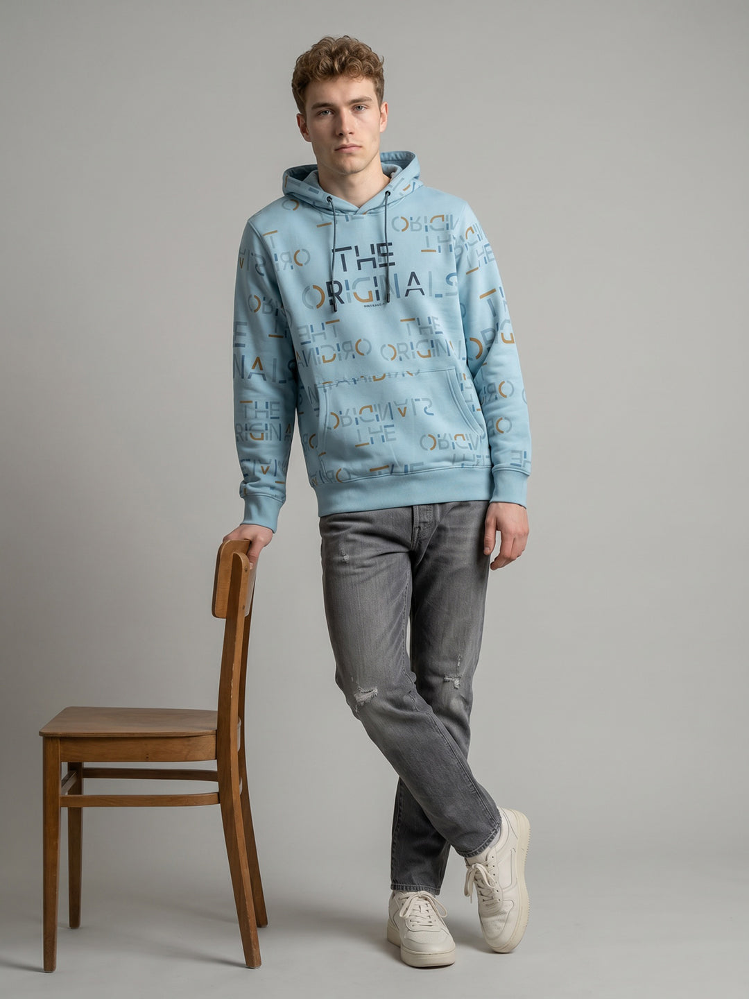 Men Blue Typography Print Hooded Full Sleeve Sweatshirt