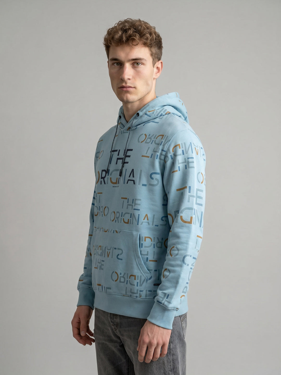 Men Blue Typography Print Hooded Full Sleeve Sweatshirt