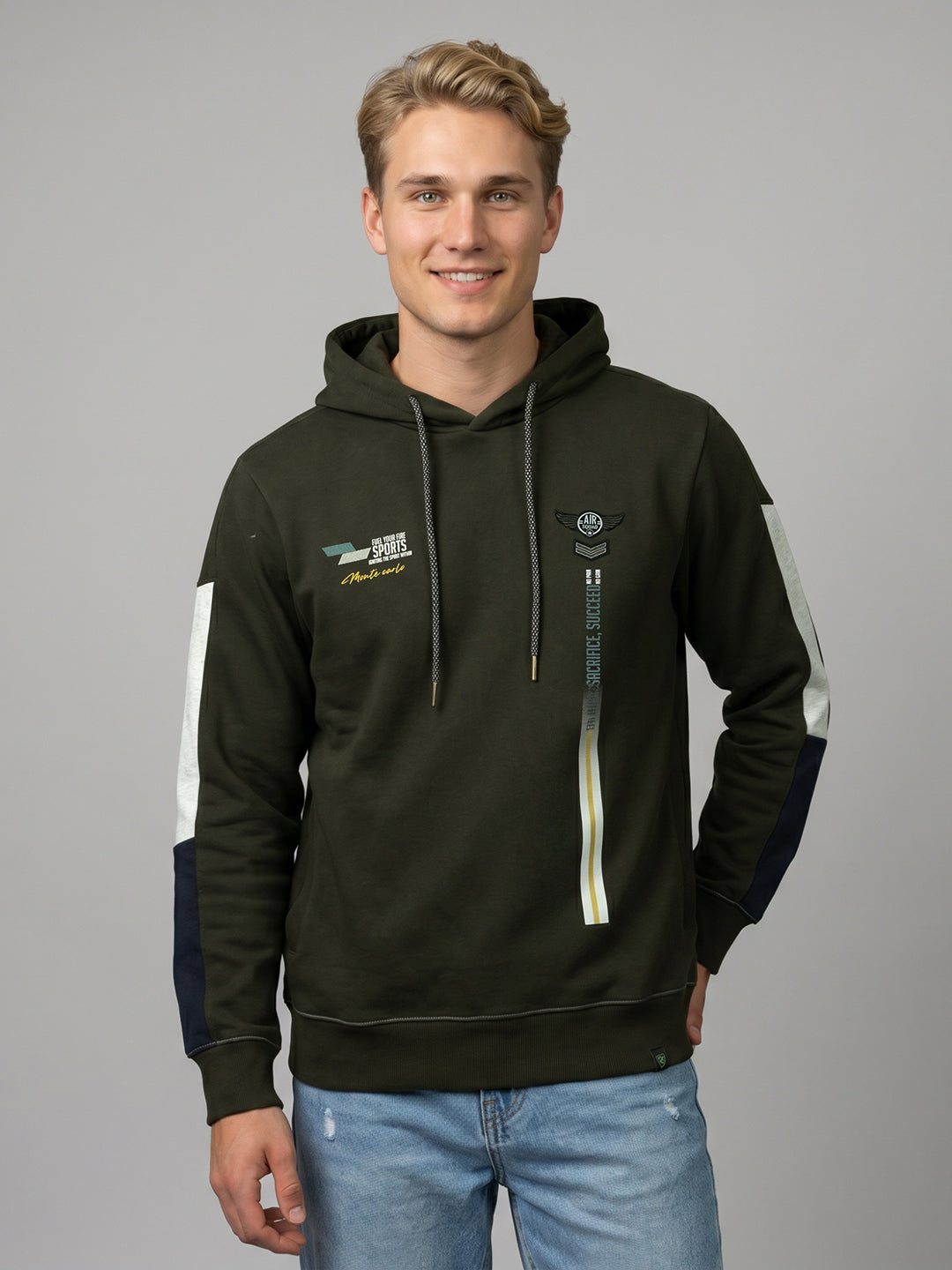 Men Olive Solid Hooded Full Sleeve Sweatshirt