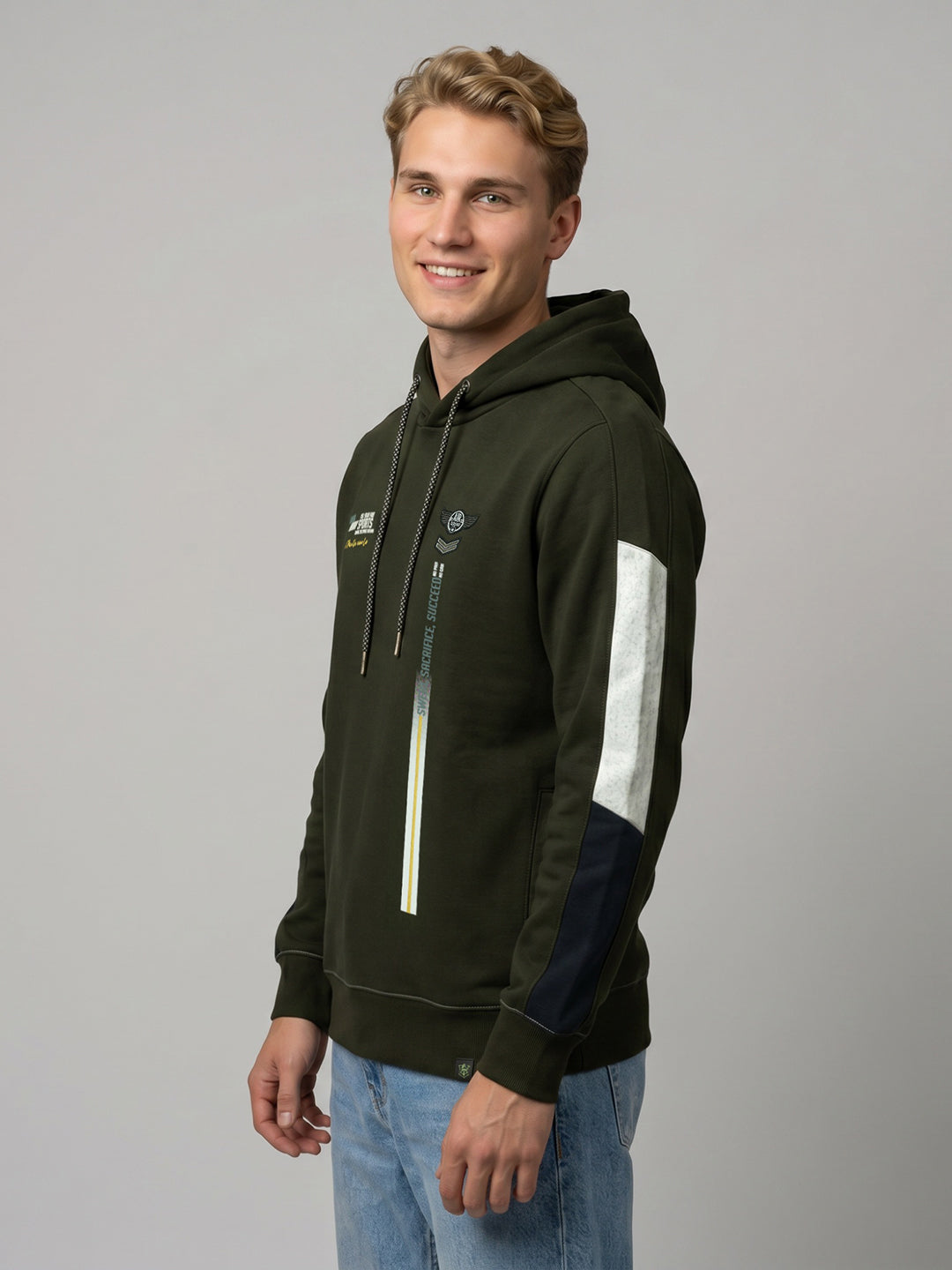 Men Olive Solid Hooded Full Sleeve Sweatshirt