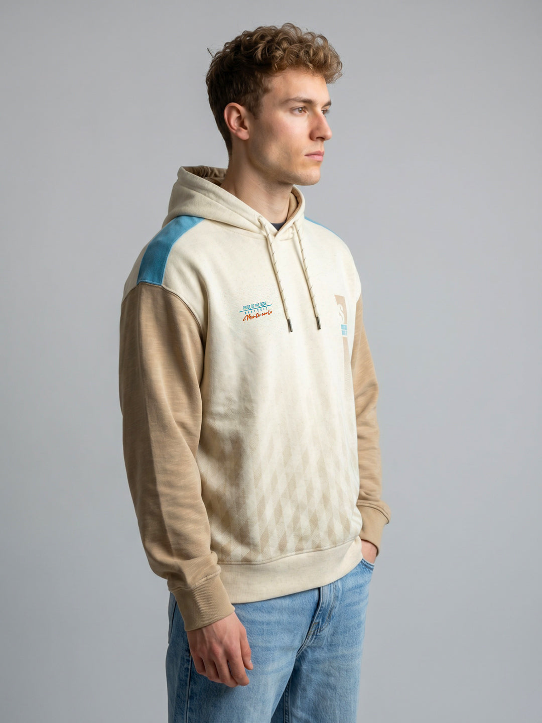 Men Beige Printed Hooded Full Sleeve Sweatshirt