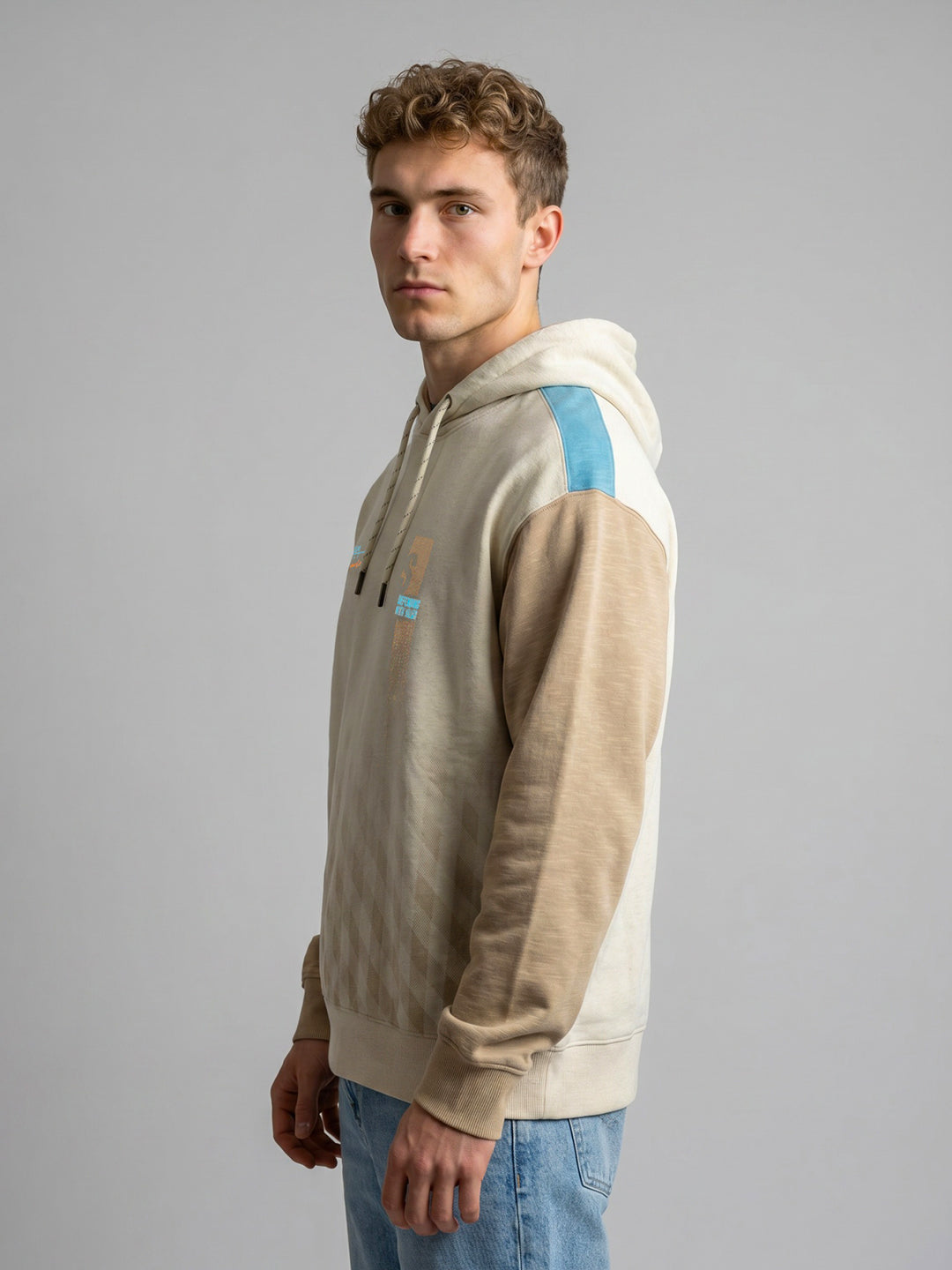 Men Beige Printed Hooded Full Sleeve Sweatshirt