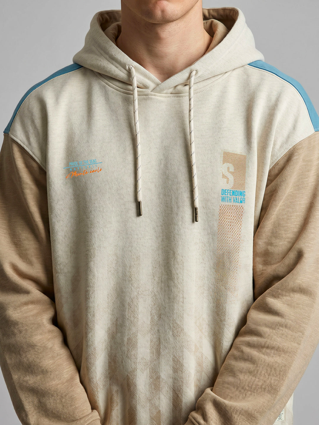 Men Beige Printed Hooded Full Sleeve Sweatshirt