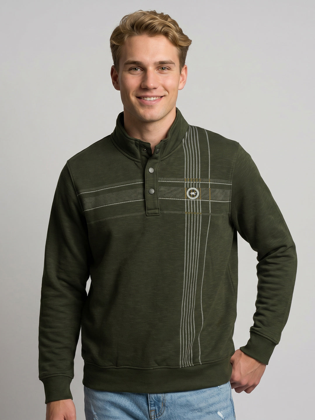 Men Olive Self Design Mock Neck Full Sleeve Sweatshirt