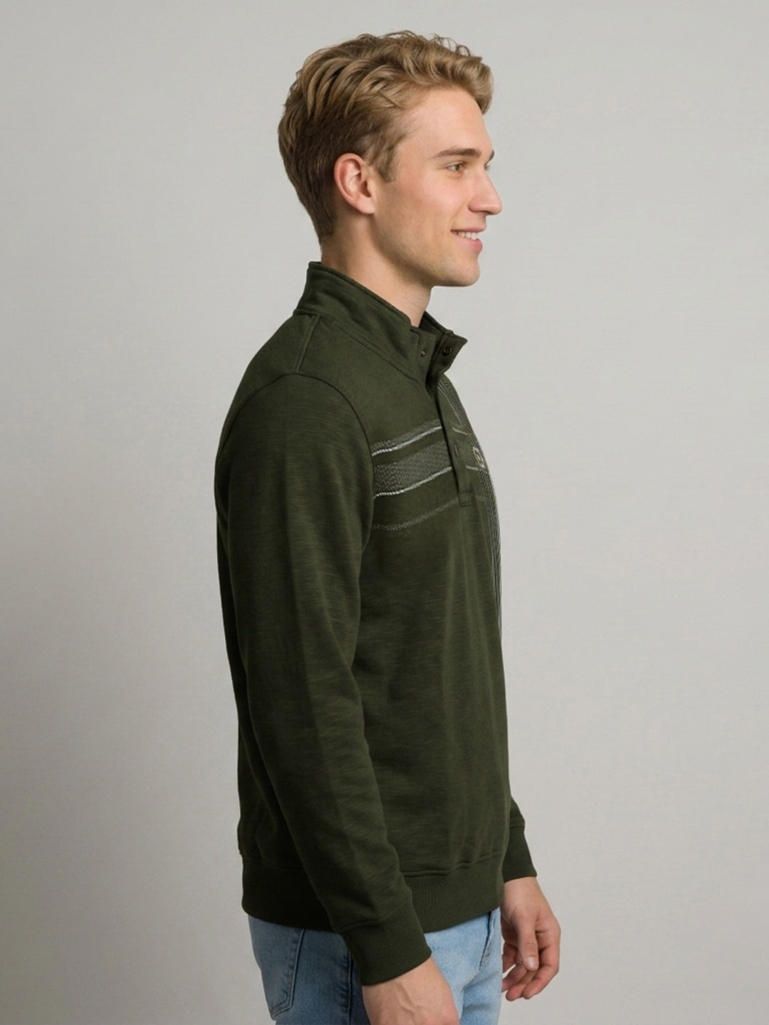 Men Olive Self Design Mock Neck Full Sleeve Sweatshirt