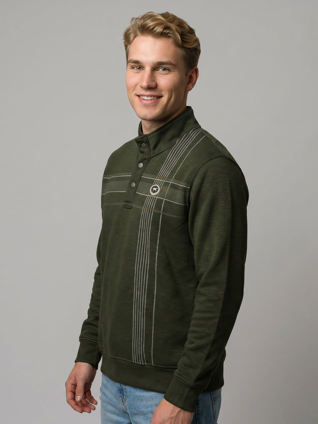Men Olive Self Design Mock Neck Full Sleeve Sweatshirt