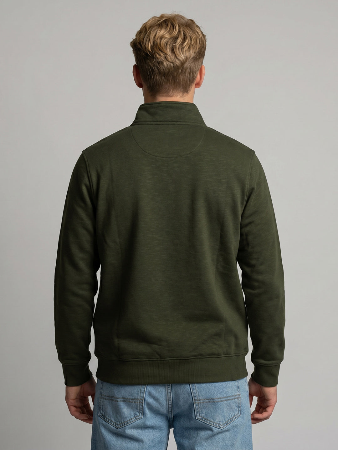 Men Olive Self Design Mock Neck Full Sleeve Sweatshirt