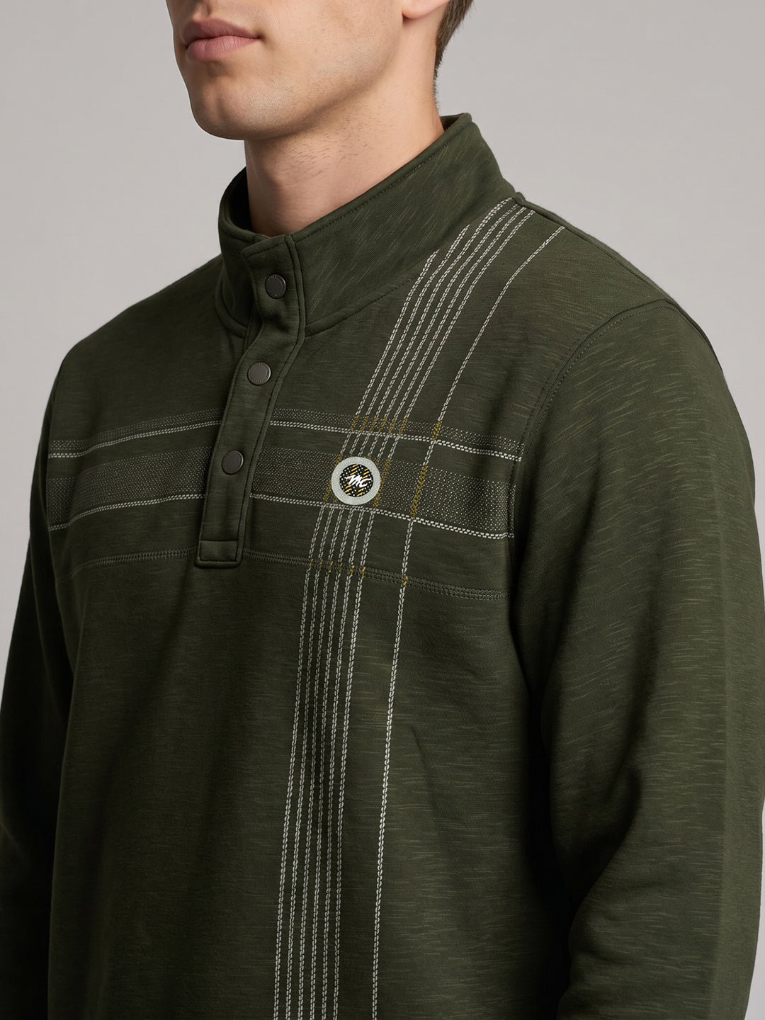 Men Olive Self Design Mock Neck Full Sleeve Sweatshirt