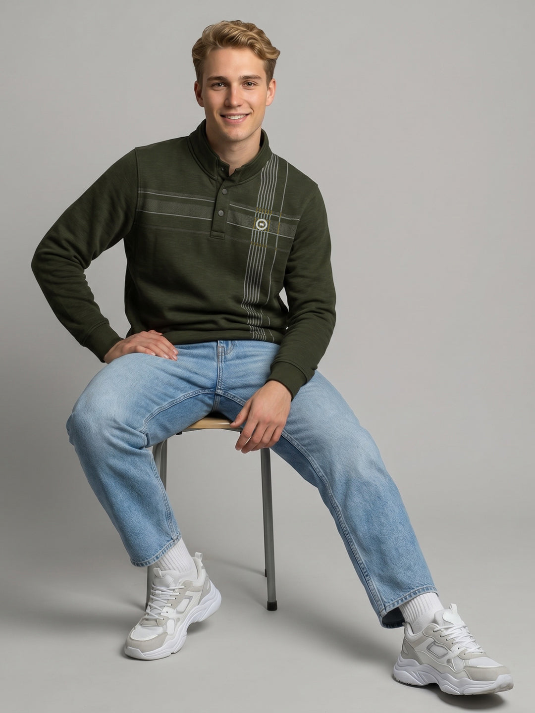 Men Olive Self Design Mock Neck Full Sleeve Sweatshirt