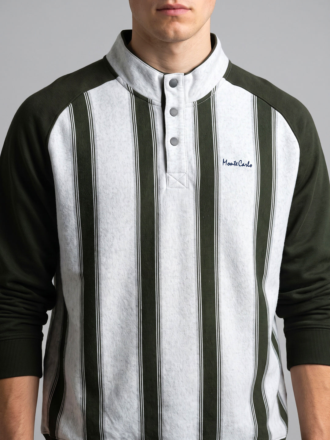 Men Olive Stripe Mandarin Collar Full Sleeve Sweatshirt