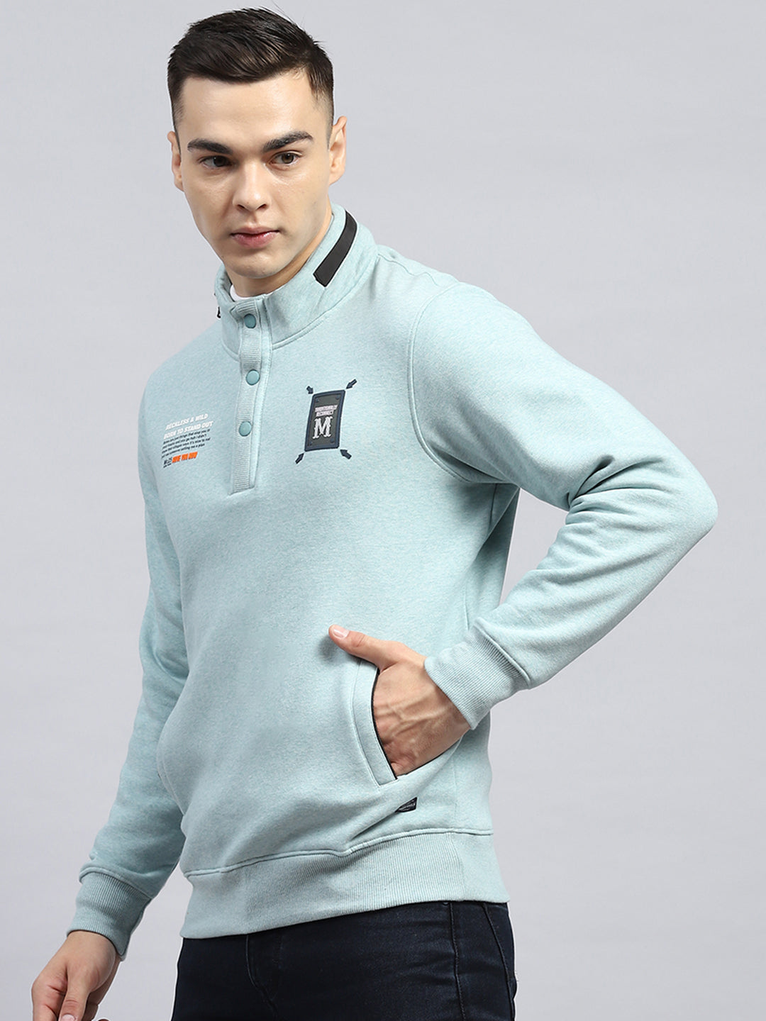 Men Blue Printed Mock Neck Full Sleeve Sweatshirt