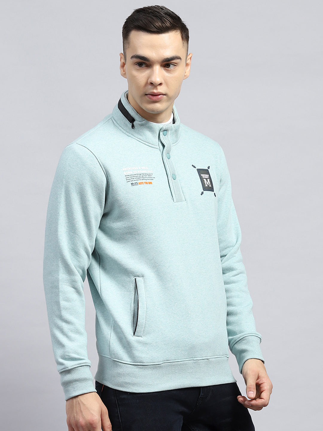 Men Blue Printed Mock Neck Full Sleeve Sweatshirt