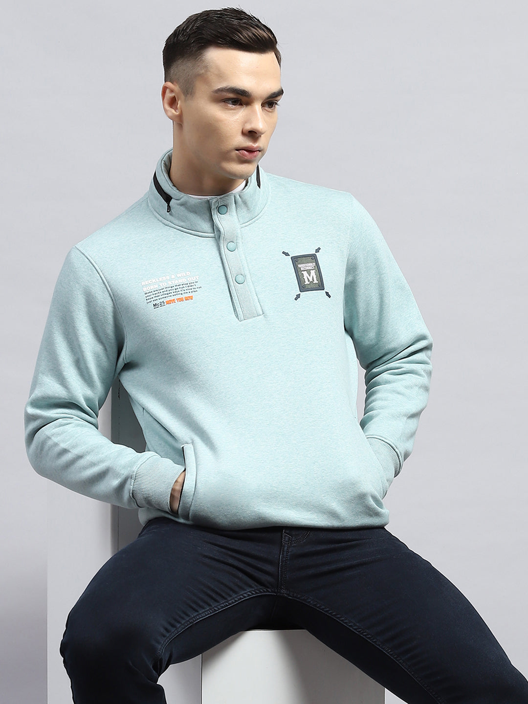 Men Blue Printed Mock Neck Full Sleeve Sweatshirt