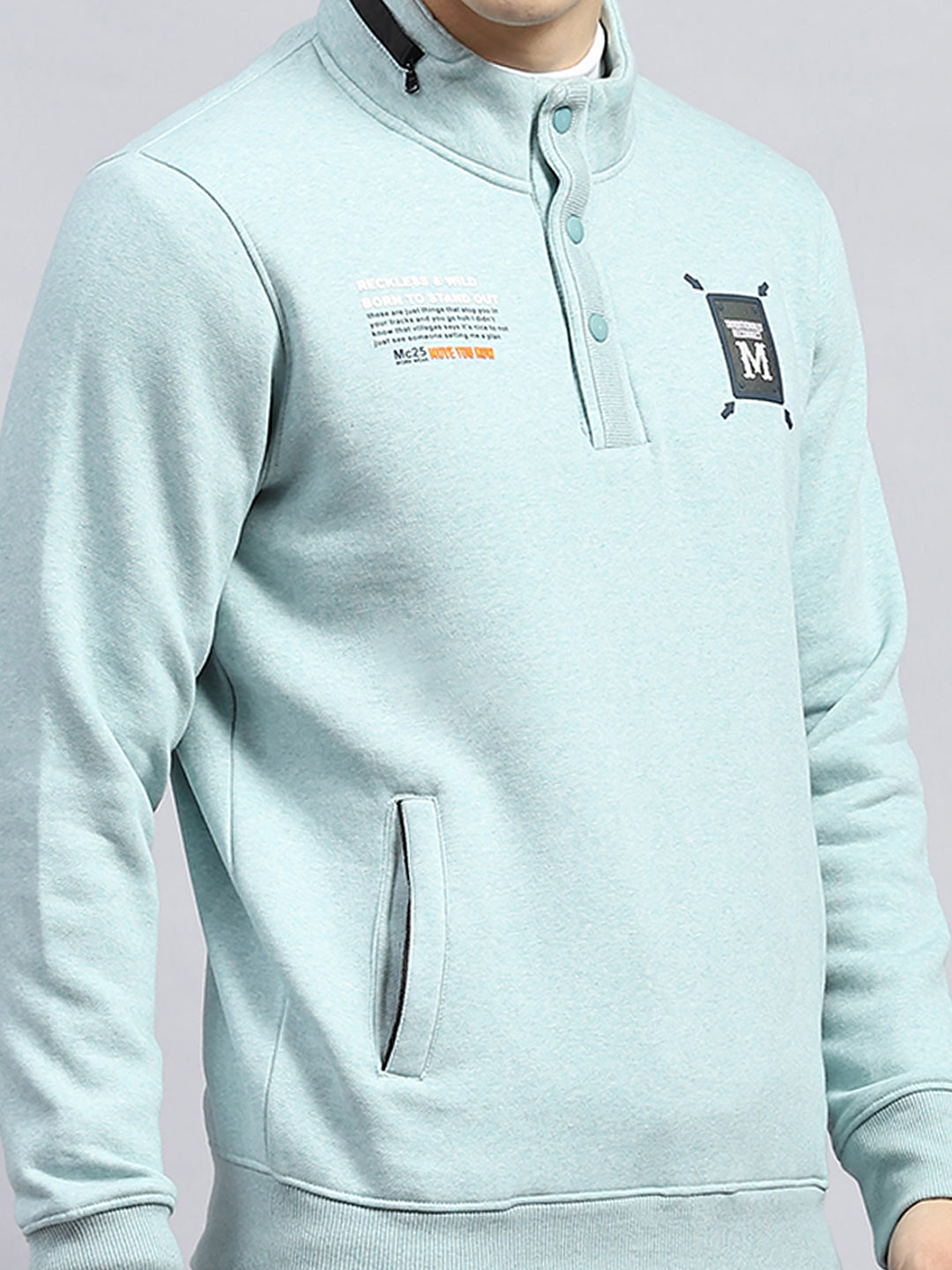 Men Blue Printed Mock Neck Full Sleeve Sweatshirt